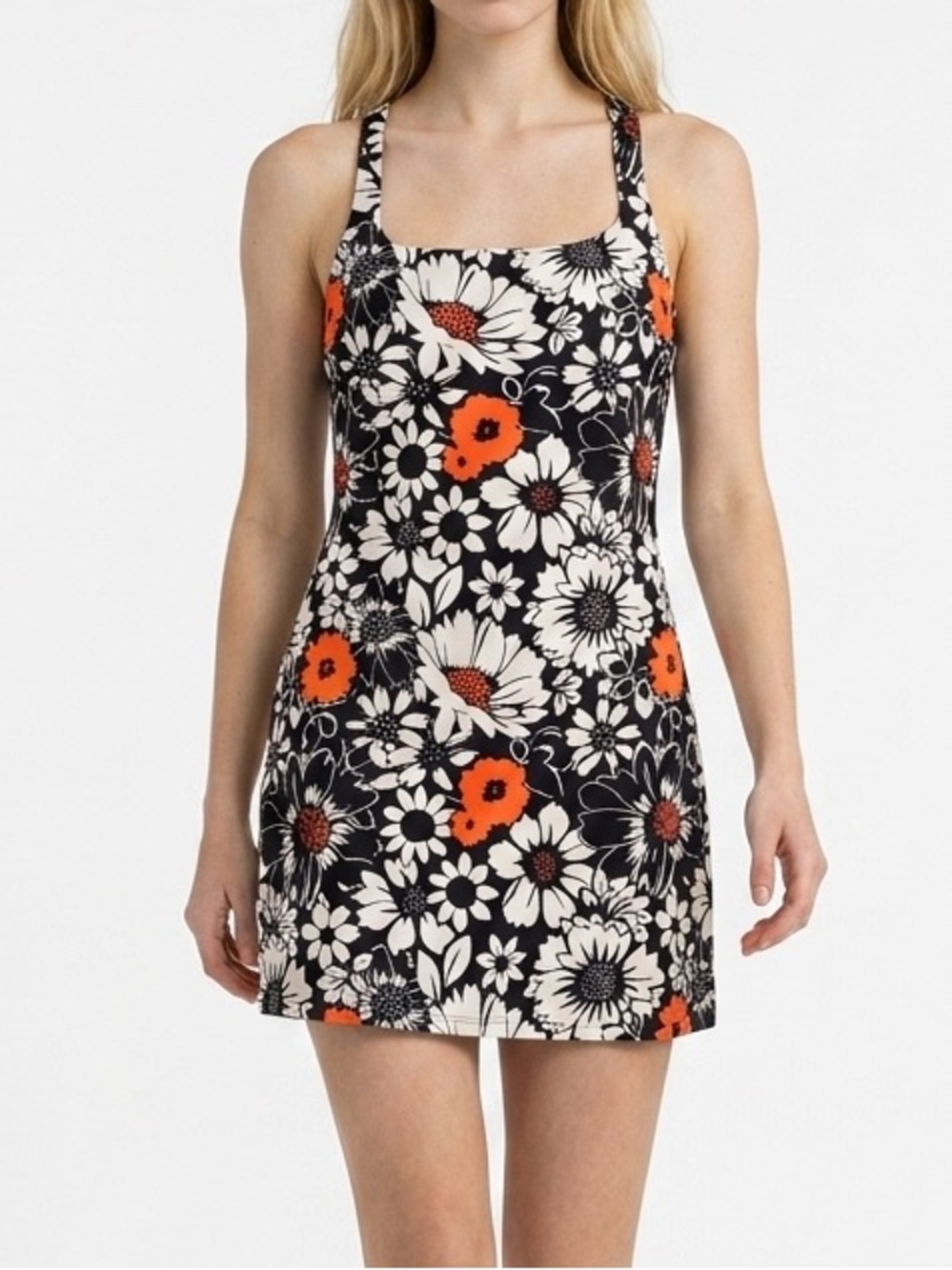 FP Movement by Free People Black Mini Dress with White and Orange Floral Print